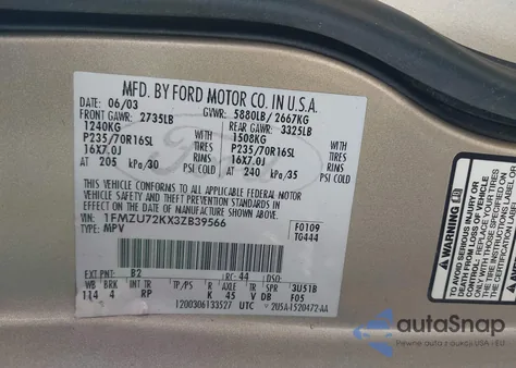 2003 Ford Explorer Xls z USA, uszkodzony, nr VIN 1FMZU72KX3ZB39566